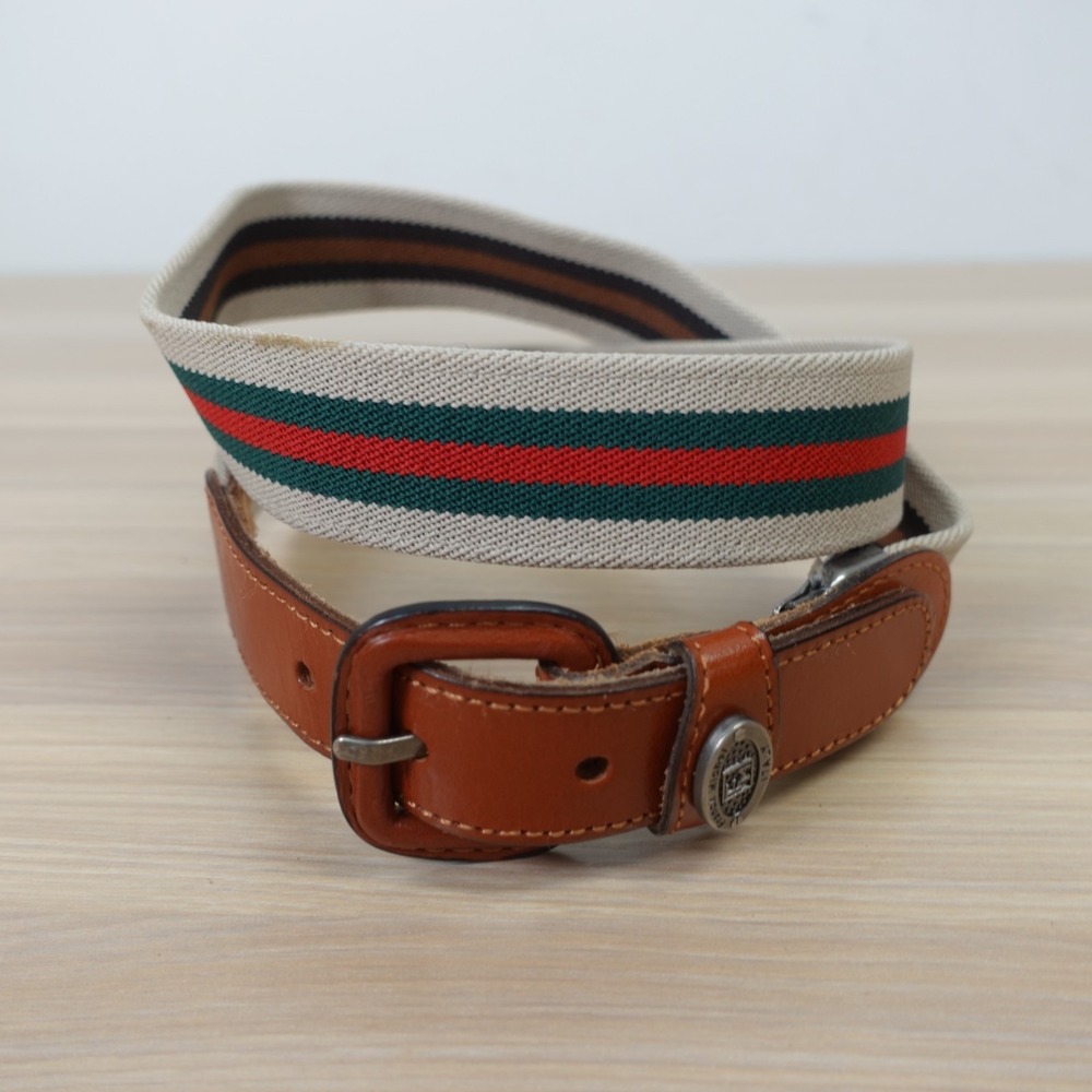 Brown Web Canvas Belt Womens M Striped Elastic Italian Reversible FRANCK MICHEL